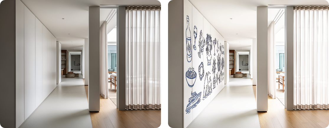 Decorative Hallway Plaster Wall Print Featuring Artistic Line Illustrations